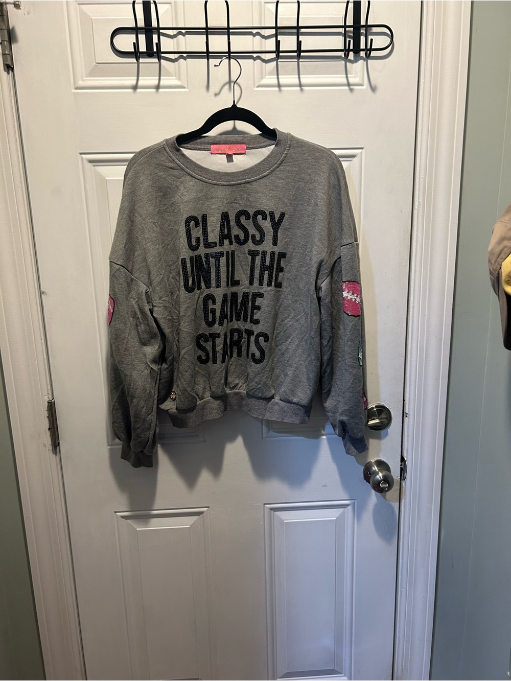 Simply Southern Gray Crewneck Sweatshirt with Pink Sleeve Accents
